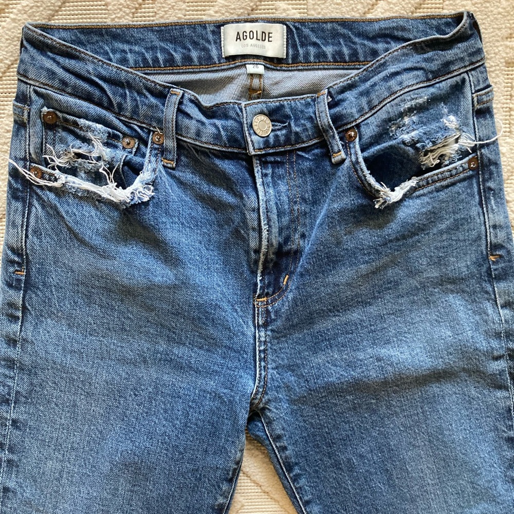 Agolde Distressed Blue Cropped Jeans - Picture 5 of 7